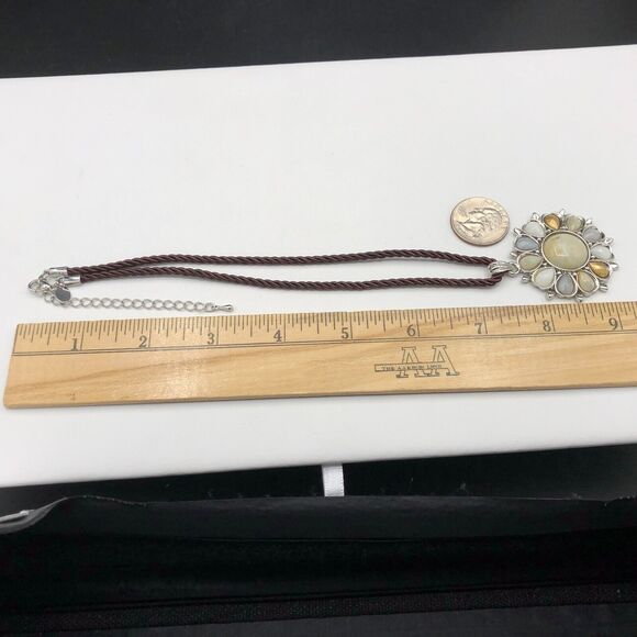 Cookie Lee Necklace Neutral Glass Stones Flower Pendant Brown Satin Cable Choker - Picture 5 of 6